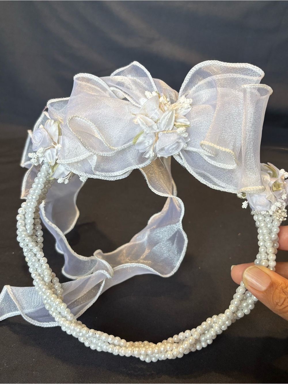 First Comunion, Wedding White Faux Pearls Braided Headband Crown w/Sheer Ribbon - Picture 3 of 7